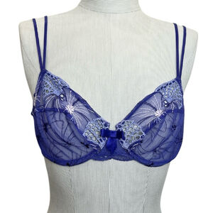 Simone Perele France purple sheer mesh lace embroidered underwire bra 36 B